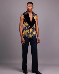 A “Boomerang” Sleeveless, Adjusted Peak Lapel Floral Jacquard Tuxedo Suit & Wide Cut Pant Trouser.