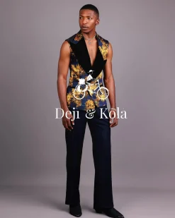 A “Boomerang” Sleeveless, Adjusted Peak Lapel Floral Jacquard Tuxedo Suit & Wide Cut Pant Trouser.