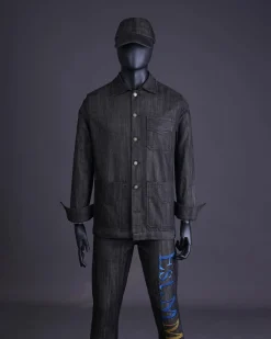 A Branded black greyscale, denim shirt jacket