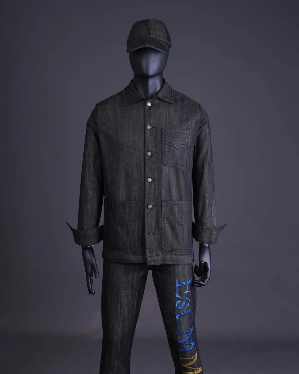 A Branded black greyscale, denim shirt jacket
