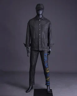 A Branded black greyscale, denim shirt jacket