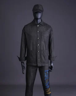 A Branded black greyscale, denim shirt jacket