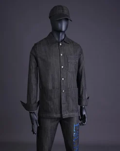 A Branded black greyscale, denim shirt jacket