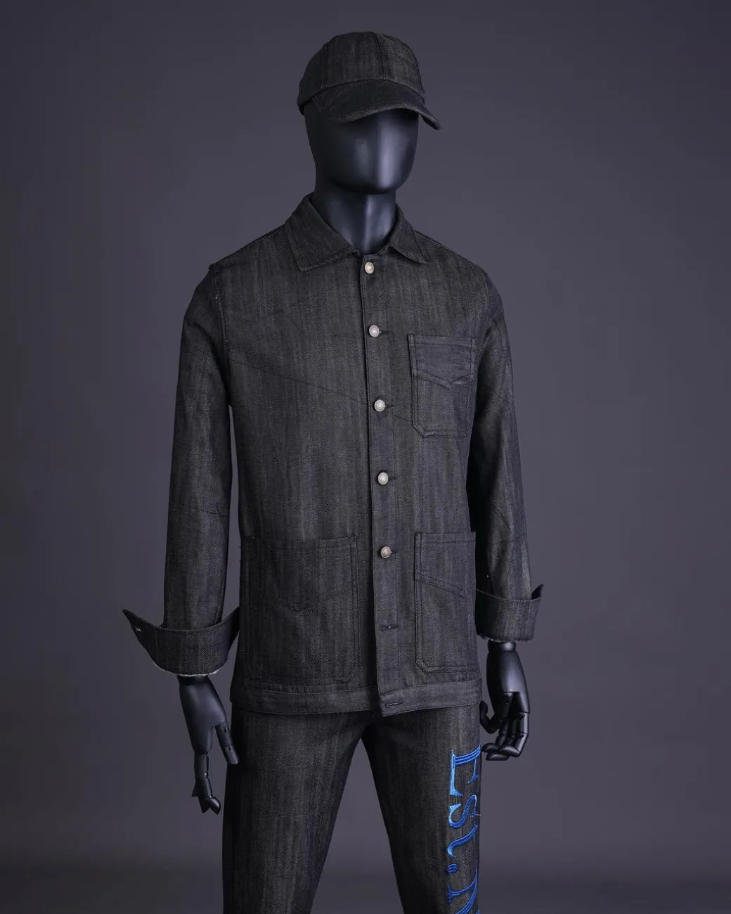 A Branded black greyscale, denim shirt jacket