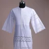 A bright white, Swiss patterned lace, front flap, 3/4 sleeve African kaftan native.