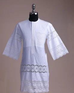 A bright white, Swiss patterned lace, front flap, 3/4 sleeve African kaftan native.