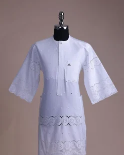A bright white, Swiss patterned lace, front flap with Swarovski button, 3/4 sleeve African kaftan.