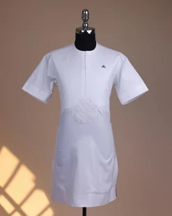 A bright white, zip line with embroidery details, short sleeve African kaftan