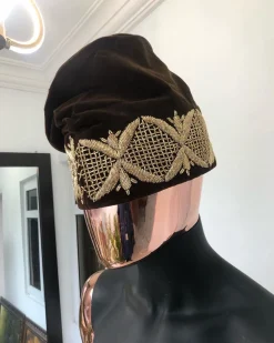 A Brown and Gold Embroidery Yoruba Ide Cap