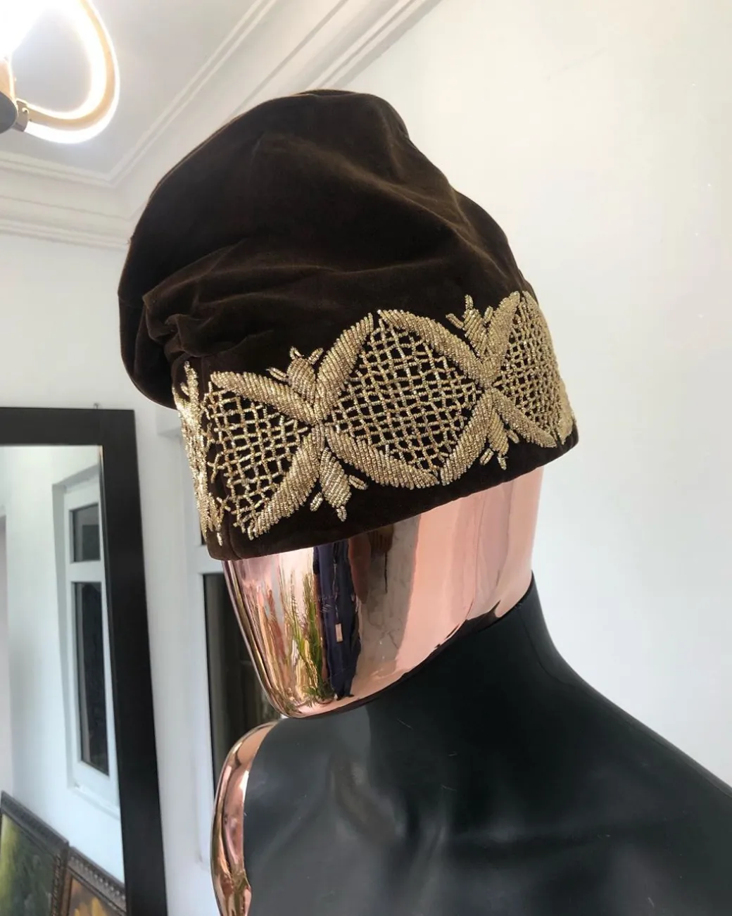 A Brown and Gold Embroidery Yoruba Ide Cap