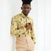 A Brown, beach plant prints vintage club collar casual shirt.