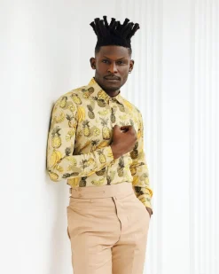 A Brown, beach plant prints vintage club collar casual shirt.