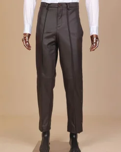 A brown leather, knitted & outer layered pant Trouser with side opening.