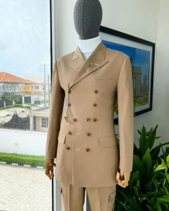 A Brown “Pirate” Polished Chinos, Layered Double Breasted, 12 Buttons, Peak Lapel Pearl Horn Blazers Suit