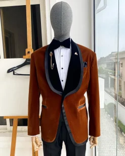 A Brown Velvet With Silk Taping Shawl Lapel Tuxedo Suit