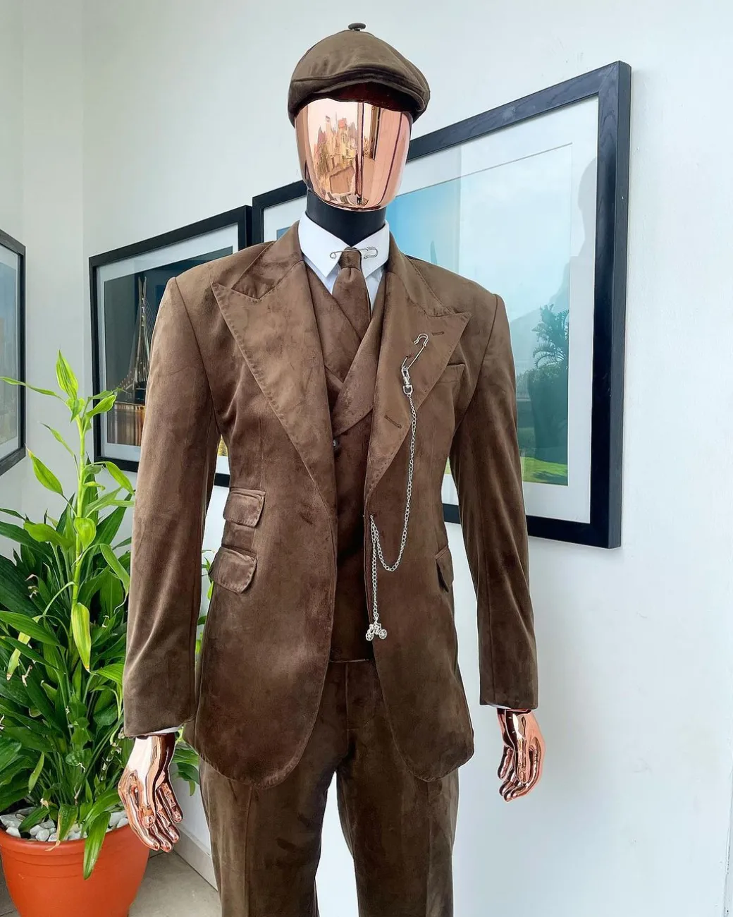 A Brunette brown “peaky blinders” monochrome velvet, hand knitted peak lapel suit
