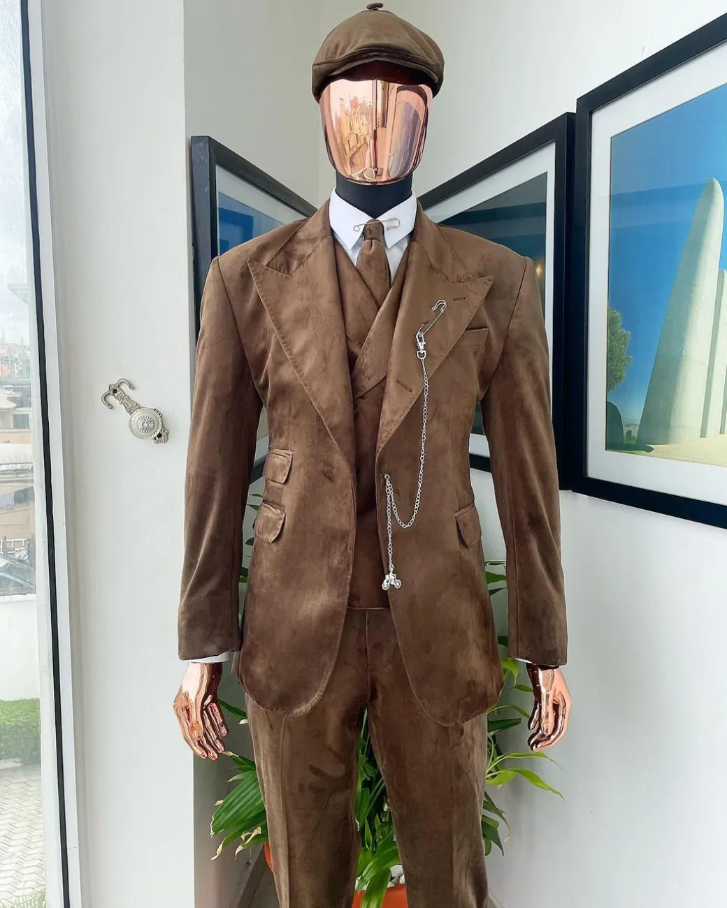 A Brunette brown “peaky blinders” monochrome velvet, hand knitted peak lapel suit