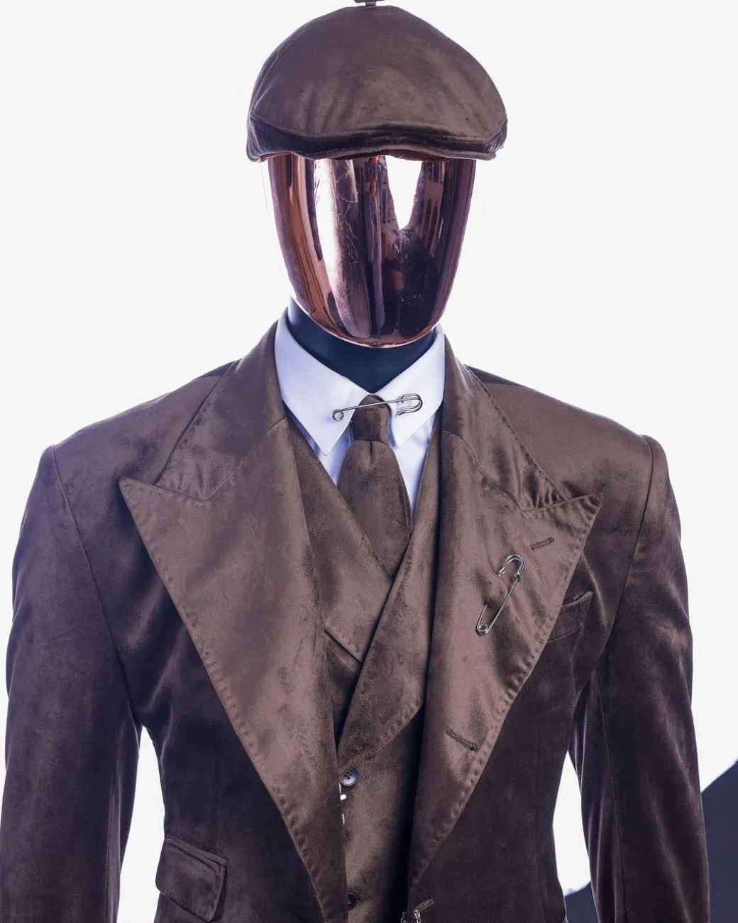 A Brunette brown “peaky blinders” monochrome velvet, hand knitted peak lapel suit