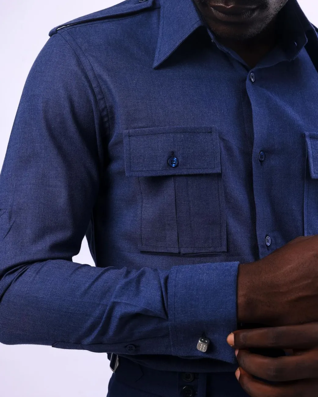 A Brushed, Navy Blue, Combat Details Shirt.