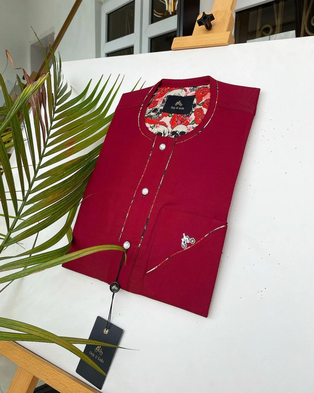 A Burgundy African Kaftan with silver Swarovski buttons, paisley detailing and sokoto