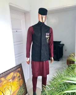 A burgundy and black Indian Nehru Wedding Jacket, Wool Hat & 2 Piece Burgundy Kaftan