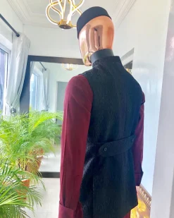 A burgundy and black Indian Nehru Wedding Jacket, Wool Hat & 2 Piece Burgundy Kaftan