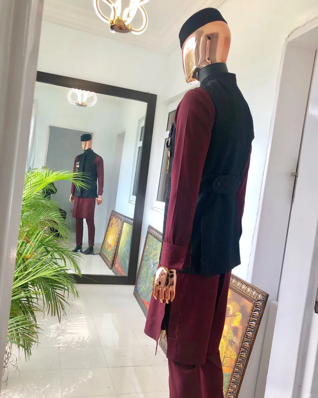 A burgundy and black Indian Nehru Wedding Jacket, Wool Hat & 2 Piece Burgundy Kaftan