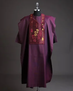 A Burgundy, arrow & floral metallic wire embroidery design silver Swarovski stone details agbada