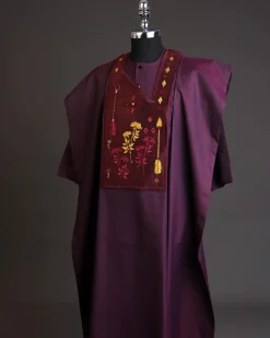 A Burgundy, arrow & floral metallic wire embroidery design silver Swarovski stone details agbada