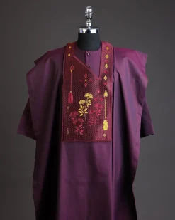 A Burgundy, arrow & floral metallic wire embroidery design silver Swarovski stone details agbada