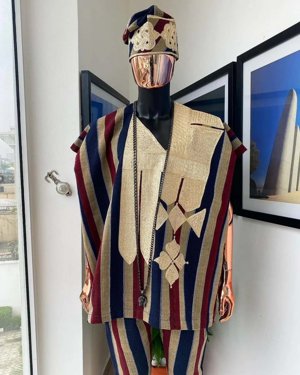 A burgundy, brown & midnight blue aso-oke African traditional dashiki