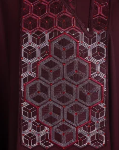 A burgundy, Connected inverted cube -layered 3D embroidery design with splashed burgundy ss30 Swarovski stone details Agbada