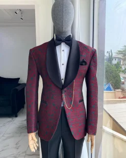 A Burgundy Dispersed Green Floral Pattern Jacquard Shawl Lapel Blazer Suit