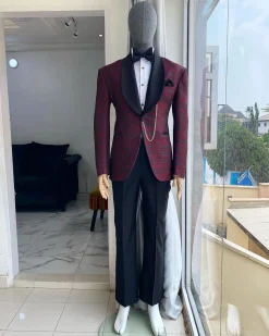 A Burgundy Dispersed Green Floral Pattern Jacquard Shawl Lapel Blazer Suit