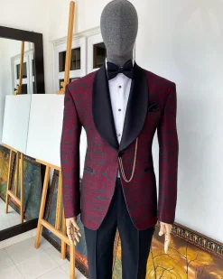 A Burgundy Dispersed Green Floral Pattern Jacquard Shawl Lapel Blazer Suit
