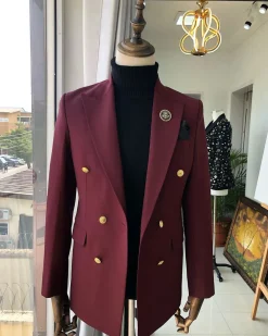 A Burgundy Double Breasted peak lapel with Gold Button suit