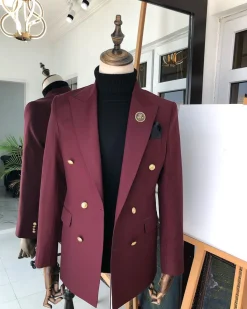 A Burgundy Double Breasted peak lapel with Gold Button suit