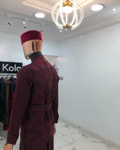 A Burgundy Jacquard Nehru Jacket, Velvet Hat, 2 Piece African Kaftan And sokoto
