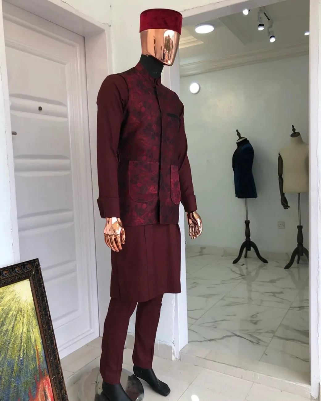 A Burgundy Jacquard Nehru Jacket, Velvet Hat, 2 Piece African Kaftan And sokoto