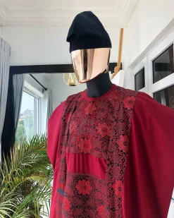 A burgundy metallic embroidery Agbada with black mixed jacquard, Swarovski burgundy stone detailing