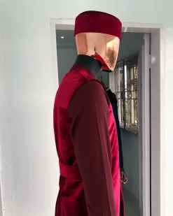 A burgundy 3-piece Kaftan, Red Velvet Trench Coat