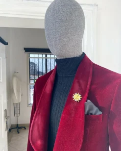 A Burgundy Shawl Lapel Soaked Velvet Tuxedo Suit