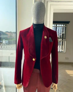 A Burgundy Shawl Lapel Soaked Velvet Tuxedo Suit