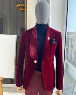 A Burgundy Shawl Lapel Soaked Velvet Tuxedo Suit
