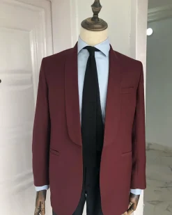 A Burgundy shawl lapel Suit With Accessories Detailing and pant