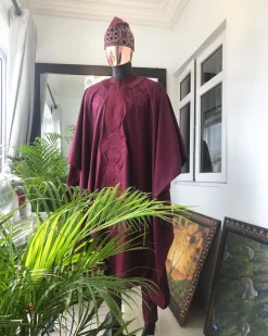 A Burgundy with Connected Embroidery Agbada