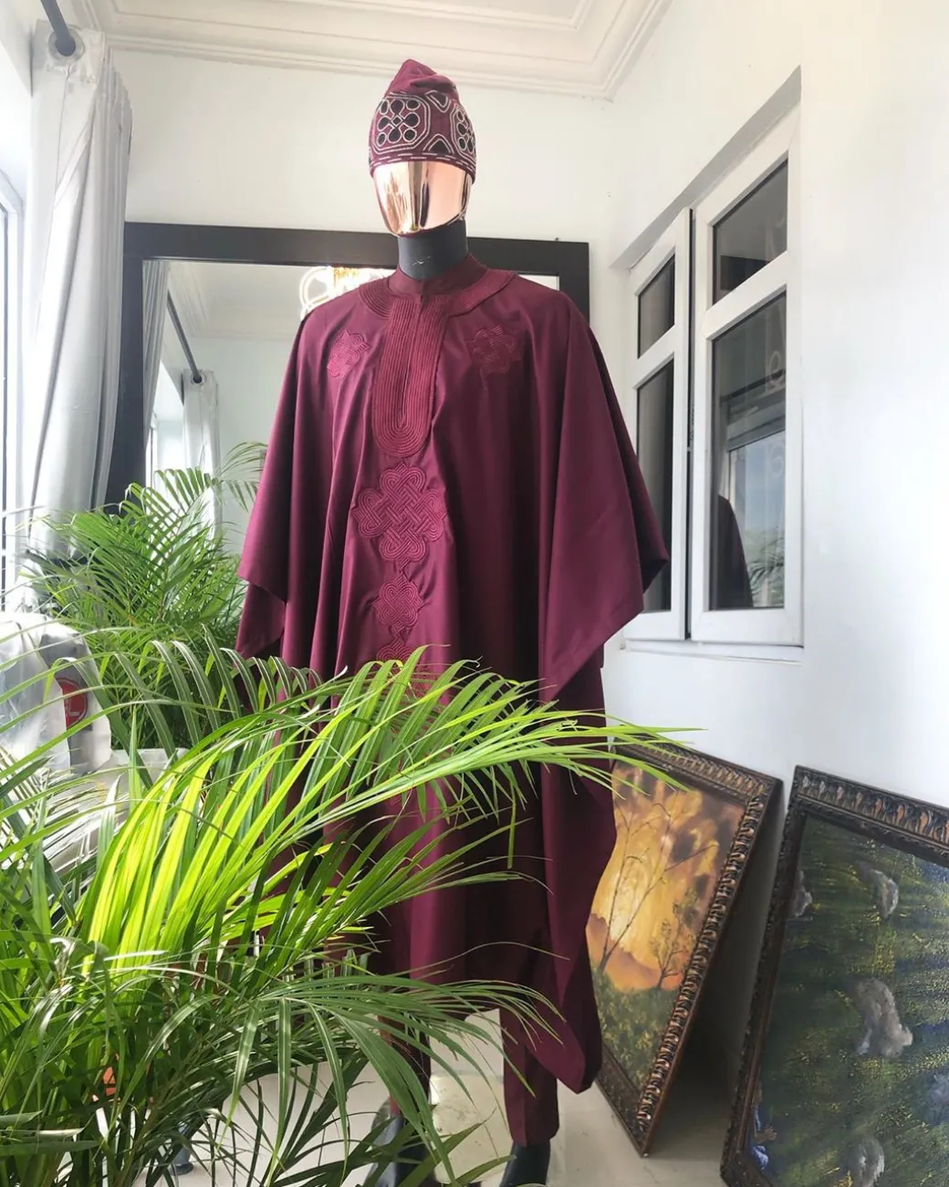A Burgundy with Connected Embroidery Agbada