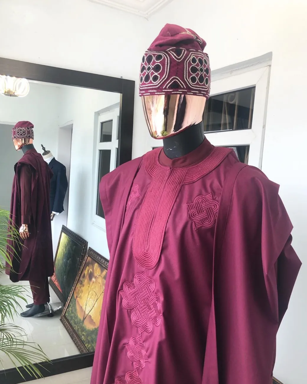 A Burgundy with Connected Embroidery Agbada