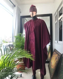 A Burgundy with Connected Embroidery Agbada