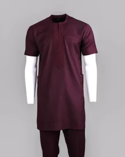 A Burgundy, zip line with arewa embroidery, shirt sleeve African senator kaftan native.